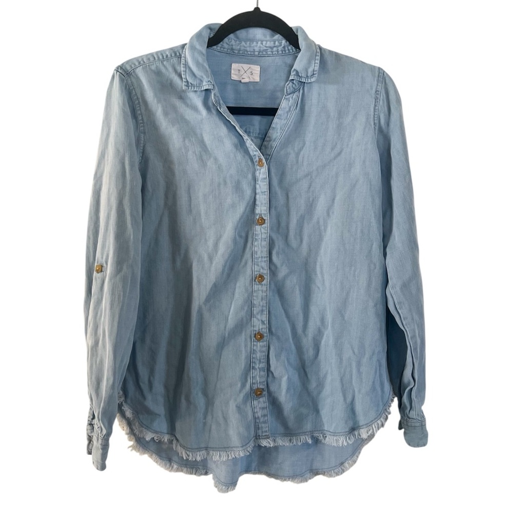 Thread & Supply Boho Raw Hem Button Down Chambray Top Roll Tab Sleeve Size Small
